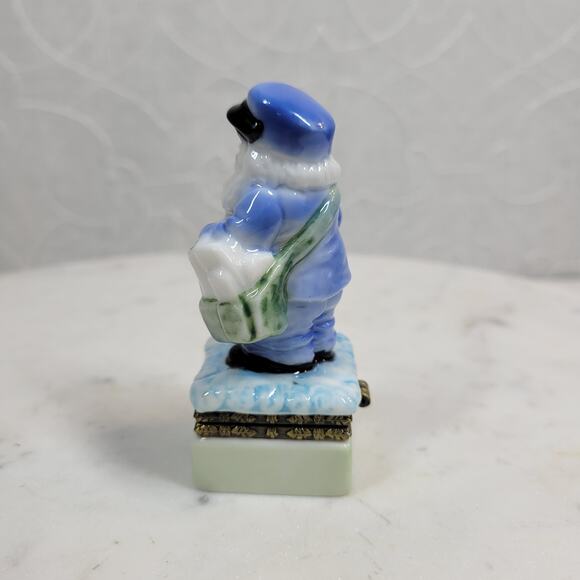 VINTAGE Santa Claus Trinket Box Blue White Porcelain Christmas Holiday Hinged - Picture 2 of 13